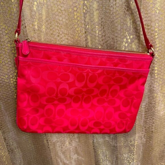 Coach Hot Pink Signature Nylon Crossbody Purse Pink Ruby - Picture 6 of 8